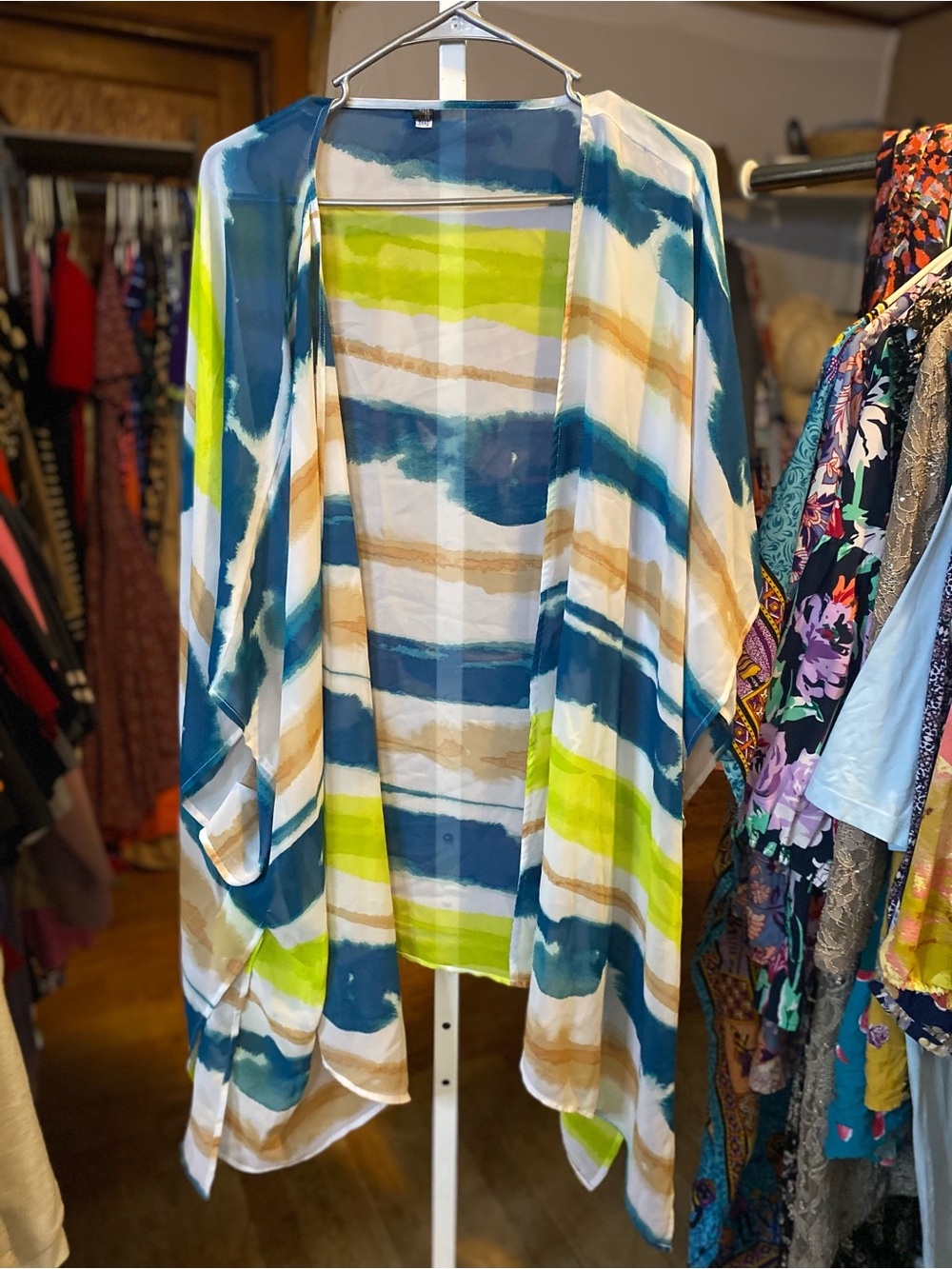 Lane Bryant Striped Open-Front Kimono in Blue, Lime & Cream